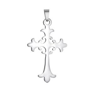 Detailed close-up of polished silver stainless steel fleur-de-lis cross pendant necklace