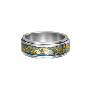 Detail of 8mm rotatable ring featuring blue carbon fiber and golden dragon motif