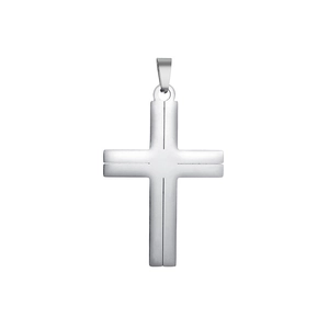 Macro detail of silver stainless steel cross pendant with recessed groove texture