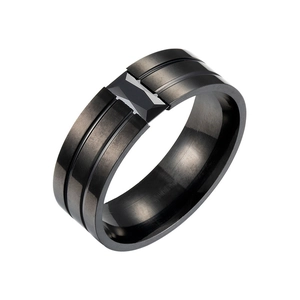 Men's black brushed stainless steel ring featuring a rectangular black zircon gemstone