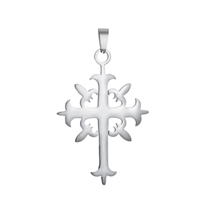 Detailed view of silver cross pendant with matte stainless steel finish and teardrop bail