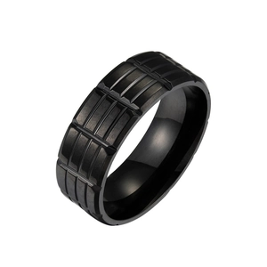 Macro shot of industrial black stainless steel ring with deep rectangular geometric texture