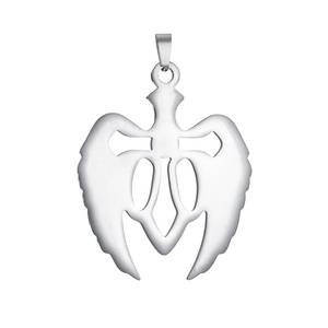 Detailed view of symmetric double wing stainless steel pendant with polished finish