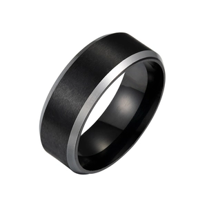 Detail of matte black stainless steel ring with polished silver beveled edges