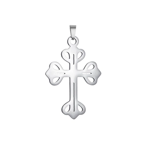 Polished silver stainless steel cross pendant with elegant hollowed out religious design