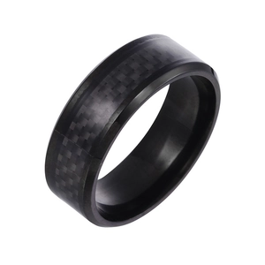 Classic men's black stainless steel ring featuring a carbon fiber inlay and beveled edges