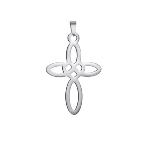 Detailed view of silver Celtic knot cross pendant with polished stainless steel finish