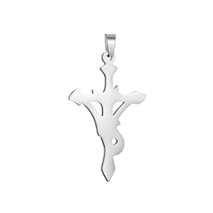 Detailed view of a geometric hollow cross pendant crafted in polished stainless steel