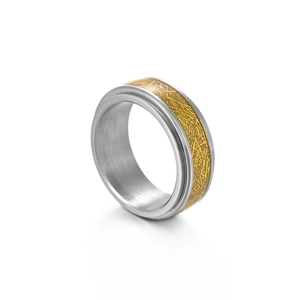 Detail shot of 8mm wide rotatable titanium steel ring with gold textured inlay