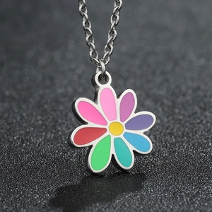 Collier Pendentif Fleur Colorée En Acier Inoxydable Pour Femmes Hommes Pendentif Émail Marguerite Chaîne En O Bijoux