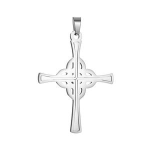 Polished silver stainless steel Celtic cross pendant with intricate hollowed patterns