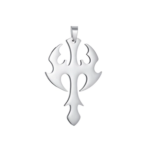Polished silver stainless steel gothic cross axe pendant with a thick metal hanging ring