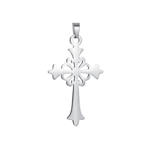 Detail shot of a silver stainless steel cross pendant with hollow heart patterns