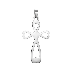 Polished stainless steel cross pendant featuring four hollow heart-shaped branches