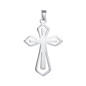 Close-up of polished silver stainless steel hollow cross pendant with geometric design