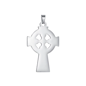 Detailed view of a polished silver Celtic cross pendant with a triangular bail