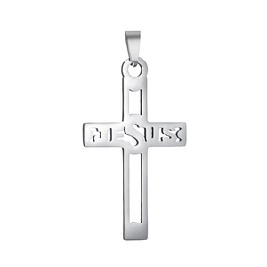Detailansicht des Edelstahl-Kreuzanhängers mit ausgehöhltem Jesus-Schriftzug-Design