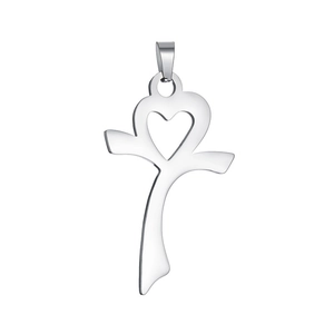 Polished silver stainless steel cross pendant with hollow heart detail design