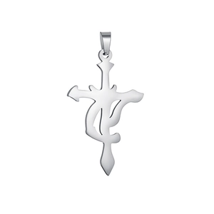 Detailed close-up of a silver stainless steel cross pendant with an artistic symbol design