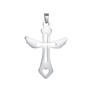Detailed shot of polished stainless steel cross pendant with wings and heart cutout design