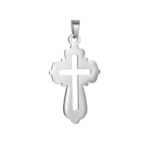 Polished silver stainless steel hollow cross pendant detail with sleek metallic finish