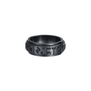 Matte black titanium ring with Nordic Elder Futhark runes relief for Viking style