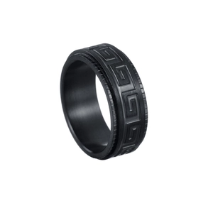 Black matte 8mm stainless steel spinner ring for men with classic Greek meander pattern