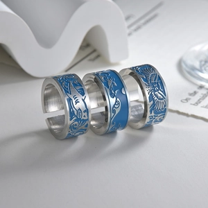 Vintage Stainless Steel Open Ring For Men Women Blue Enamel Owl Shark Wave Pattern Adjustable Punk Fashion Jewelry Finger Ring