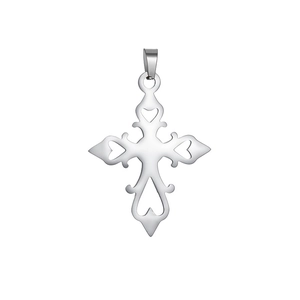 Detailed view of a silver hollow cross pendant with heart design in stainless steel