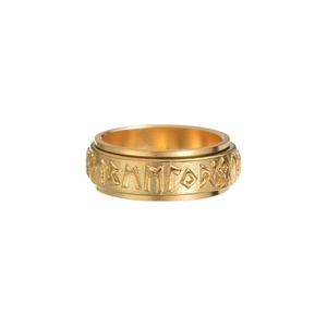 Golden stainless steel spinner ring featuring Nordic runes and a rotating relief design