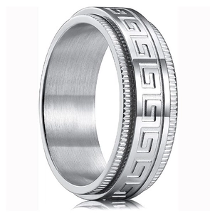 Detailed macro of 8mm silver spinning ring with Greek key pattern and knurled edges