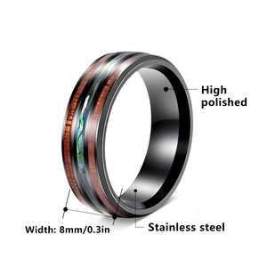 Bague homme 8mm en acier inoxydable avec incrustation bois de Koa et nacre abalone