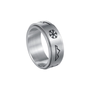 Ring aus gebürstetem Edelstahl mit gravierten Berg- und Schneeflockensymbolen
