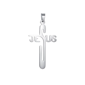 Close-up of polished stainless steel cross pendant featuring integrated Jesus lettering