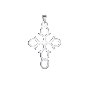 Detail showing hollow cross pendant in polished silver finish with triangular bail