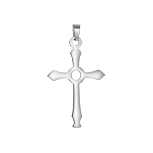 Detailed view of a silver stainless steel cross pendant with pointed ends and center cutout