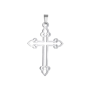 Polierter silberner hohler Kreuzanhänger mit Fleur-de-Lis-Details im Makro-Stil