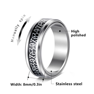 8mm stainless steel spinner ring featuring a black Celtic knot pattern for anxiety relief