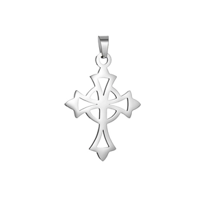 Close-up of polished stainless steel Celtic cross pendant with hollow-out design