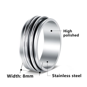 8mm high polished stainless steel spinner ring for men and women with black triple grooves