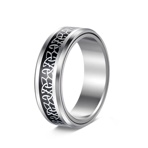 Close-up of rotatable Viking Celtic knot pattern on a black titanium steel ring