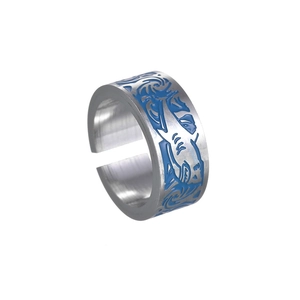 Men's titanium steel open ring featuring a shark and blue wave engraving pattern
