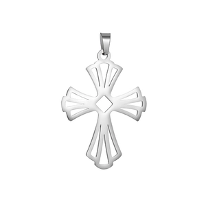 Detailed macro view of silver hollowed cross pendant with high-polished stainless steel finish