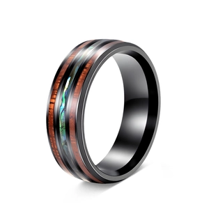 Bague Homme en Acier Inoxydable 304 Hawaii Bois de Koa Incrustation Coquille d'Abalone Anneau Mode Bijoux Cadeau