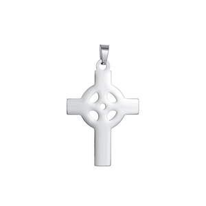 Polished stainless steel Celtic cross pendant with intricate circular knotwork detail