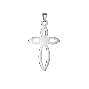 Detailed view of silver cross pendant with hollow petal design and polished finish