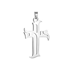 Detailed view of stainless steel cross pendant featuring artistic JESUS cutout design