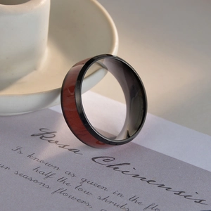 Modern 8mm black titanium steel ring with elegant redwood inlay for men fashion