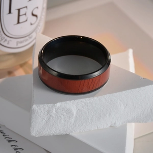 Men's 8mm black titanium steel ring with elegant redwood inlay on white stone