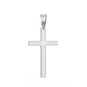Detailed view of a polished silver stainless steel cross pendant with a sturdy metal bail